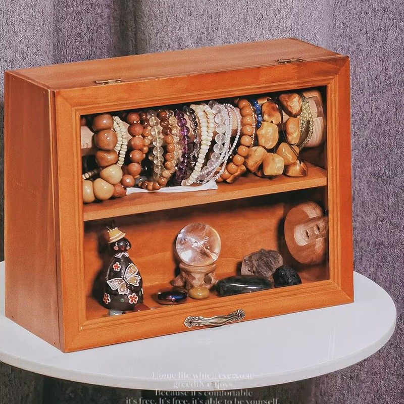 手串收纳盒桌面复古双层实木首饰柜防尘珠宝文玩水晶手链展示架子,住宅家具,家用陈列柜,淘宝优惠券,粉丝福利购,淘宝优惠卷