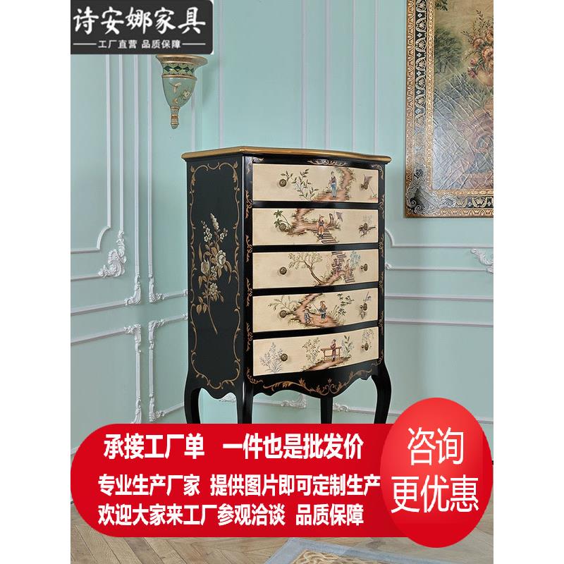 法式奢华宫廷实木彩绘风景高脚五斗柜卧室美式复古储物柜