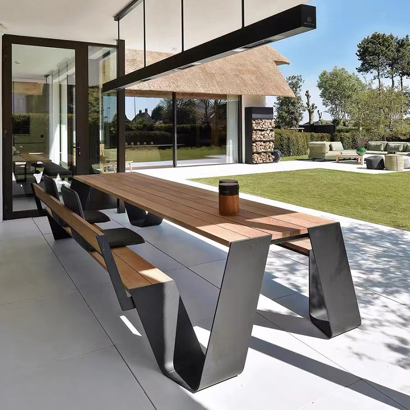 户外庭院北欧不锈钢柚木桌椅简约实木长桌休闲铁艺露天小花园家具