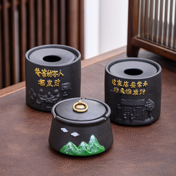 国潮烟灰缸灰办公室飞防陶瓷创意时尚个性桌面家用潮流带盖新中式