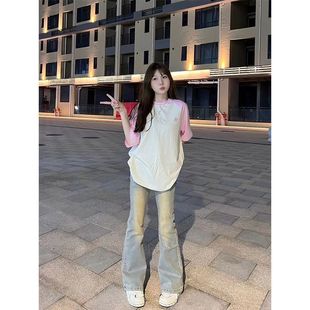 2025夏季 t恤女设计感小众宽松百搭甜美可爱上衣 新款 拼色插肩短袖