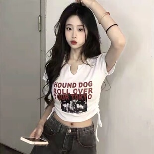 chic白色甜辣妹美式复古短款独特上衣夏季BM抽绳V领显瘦短袖T恤女