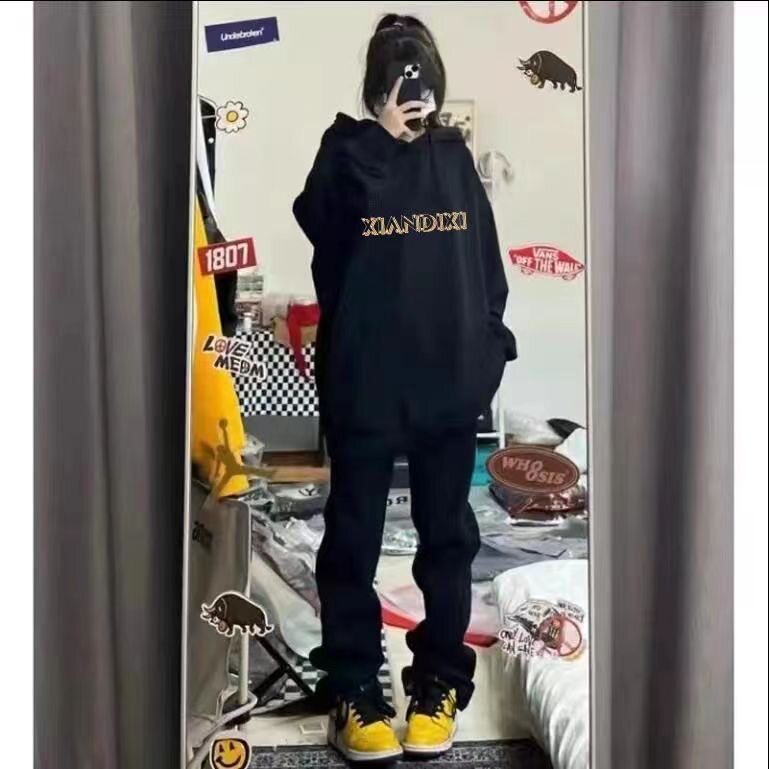 个性街头美式复古oversize原创潮流中指字母印花黑色连帽秋冬帽衫