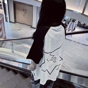 国潮牌美式 oversize宽松上衣 复古黑白撞色插肩短袖 t恤女2025夏季