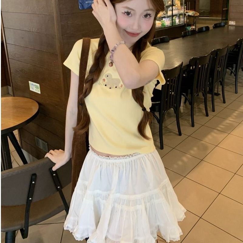 夏季新款女装正肩修身印花甜辣上衣设计感小众短款短袖黄色T恤潮