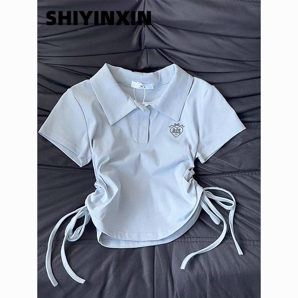 刺绣爱心polo领正肩短袖t恤女夏季设计小众显瘦绑带辣妹短款上衣,女装/女士精品,T恤,淘宝优惠券,粉丝福利购,淘宝优惠卷