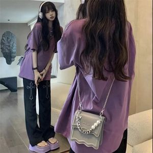 紫色美式 复古短袖 t恤女夏2024新款 大版 ins潮宽松中长款 上衣打底衫