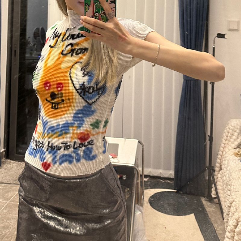 菠萝衫涂鸦短袖t恤女设计感小众夏纯欲甜辣妹短款上衣多巴胺穿搭