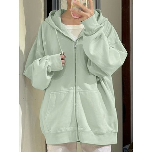 薄荷绿连帽卫衣外套女秋款韩系慵懒风薄款穿搭拉链上衣女潮流ins