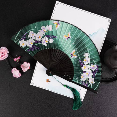 便携小绢扇折叠扇子手工艺古风中国风丝绸绿色夏季女士扇