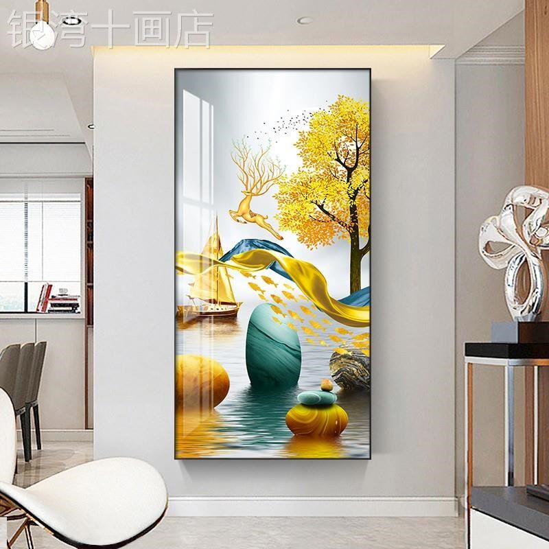 网红晶瓷画画户关装约q饰画入走现廊竖玄版挂画代简道壁背景墙玄