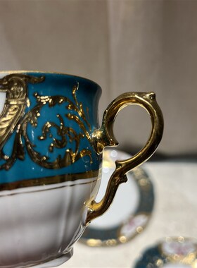 手绘内鎏a金大茶杯一杯双碟套装松石蓝