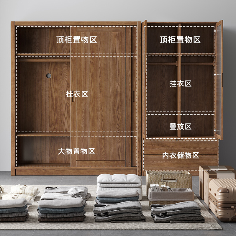 。北欧推拉门衣柜小户p型家用卧室现代简约白蜡木两门对立儿童小