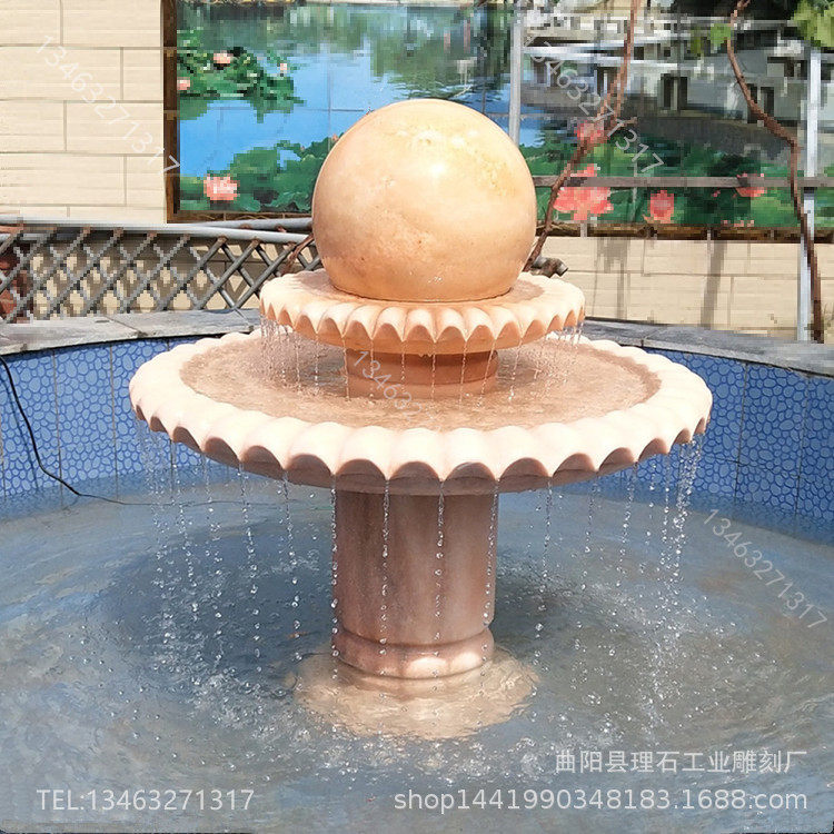 厂家现货 石材喷泉 晚霞红石头转运球喷泉庭院景观雕塑跌水钵