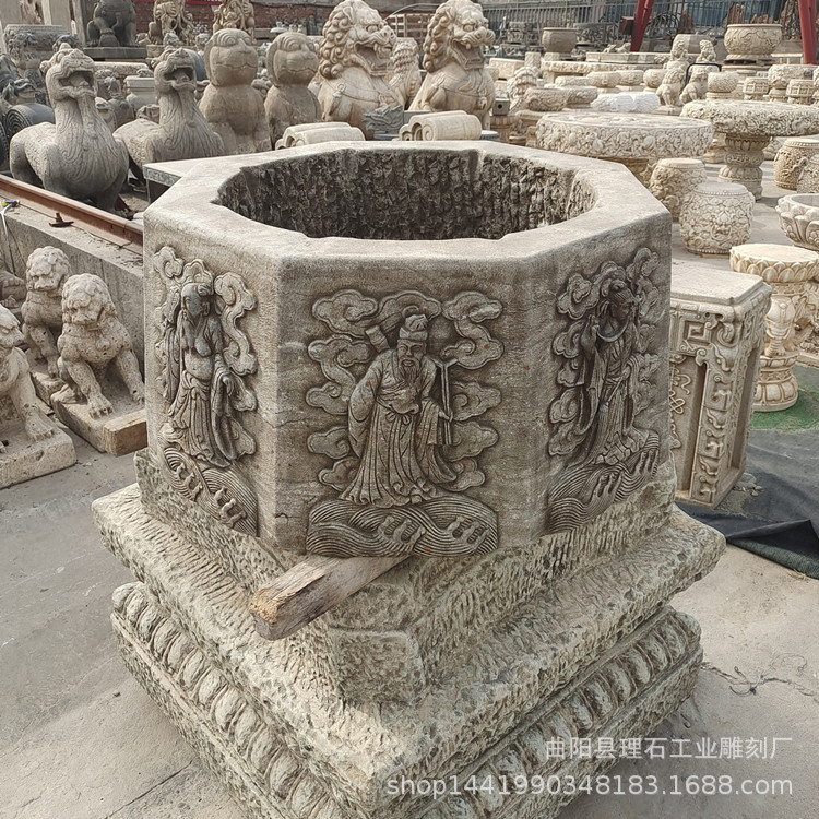 石雕井口汉白玉做旧井圈八仙浮雕图案仿古井台庭院景区装饰摆件
