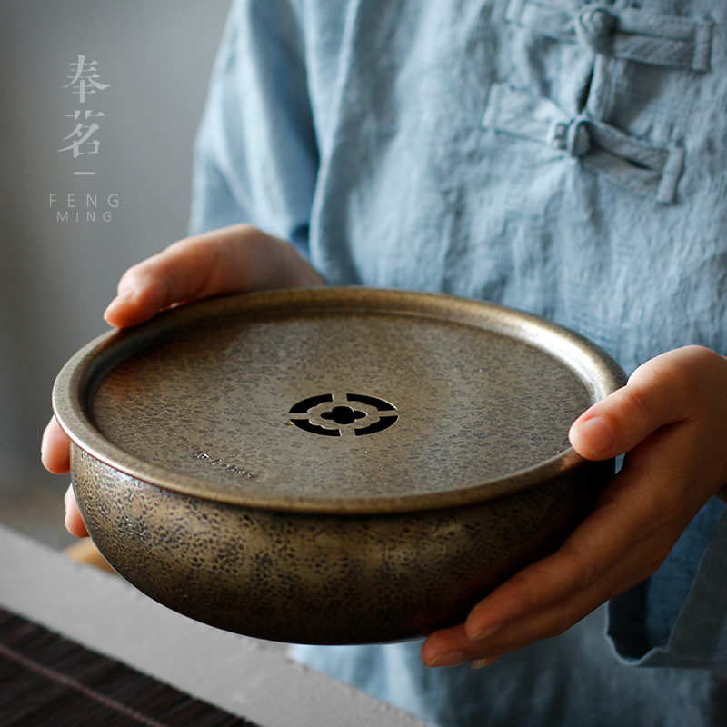 黄铜建水壶承圆形小茶盘养壶托锤目纹黄铜茶海储水壶垫茶渣罐