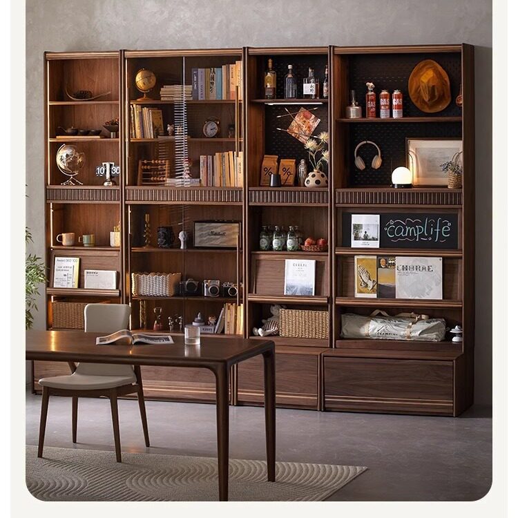 北欧黑胡桃木全实木组合书柜玻璃防尘落地展示柜樱桃木储物餐边柜