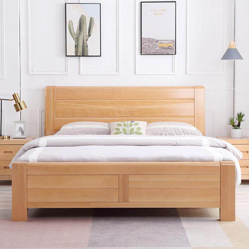 榉木实木床现代简约1.5/1.8m带抽屉婚床高箱储物双人床网红轻奢款