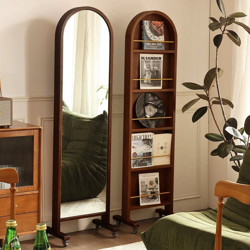 中古实木全身镜可移动落地法式复古收纳杂志书架一体旋转穿衣镜子