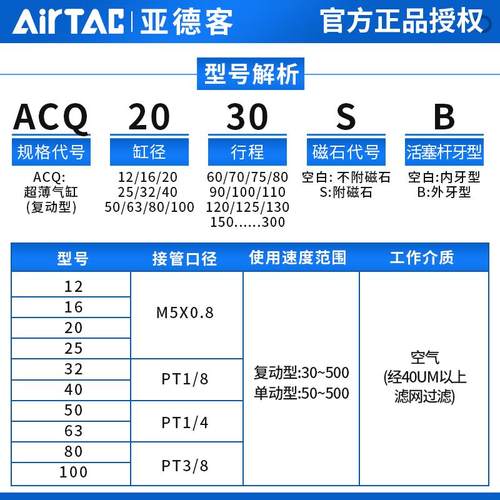 原装亚德客气动小型气缸大推力ACQ80X10X20X25X30X35X40X45X50SB