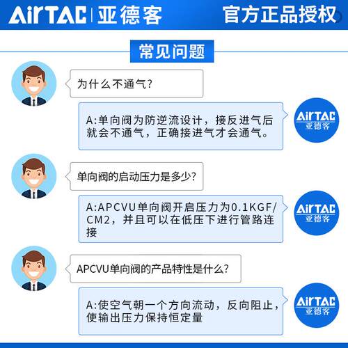 ATC亚德客管端型单向阀直通式快插防逆流接头APCVU4/6/8/10/12