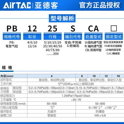 原装亚德客正品笔型气缸PB4*6*10*12**16X5X10X15X20X25X100SU