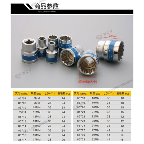 鹰之印套筒1/2"12.5mm12角梅花蓝带套筒短头子汽车维修工具8