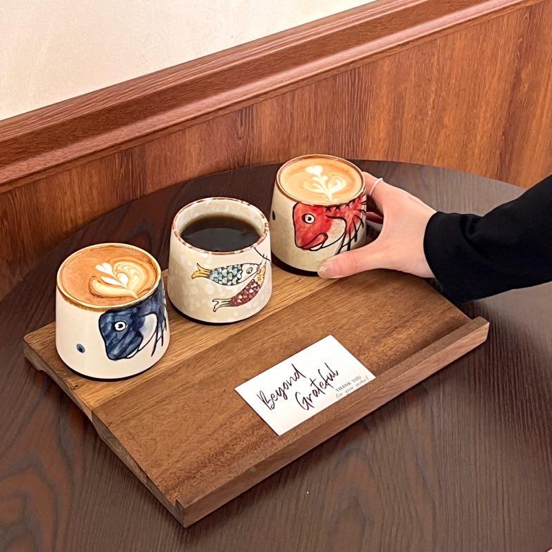 日式复古彩绘陶瓷杯创意咖啡杯拉花杯手握杯手绘和风家用水杯子