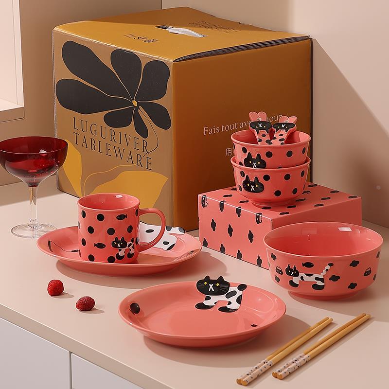 韩系餐具套装特别好看的饭碗马克杯可爱陶瓷汤碗家用菜盘子椭圆盘