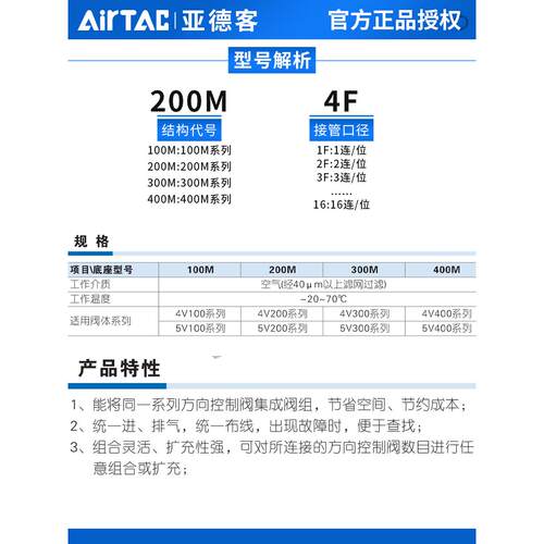 亚德客4V210电磁阀汇流板底板连接底座200M-4F/3F/5F/6F 3位 4位
