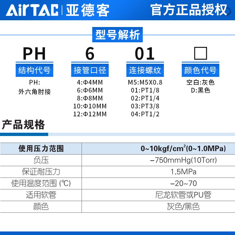 亚德客气管接头快插外六角PH4-M5/PH6-M5/PH4-10/PH4-02/PH4-03
