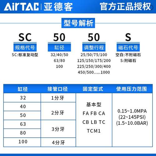 原装亚德客标准气缸气动大推力SC40X25X50X75X100X125X150X200-S