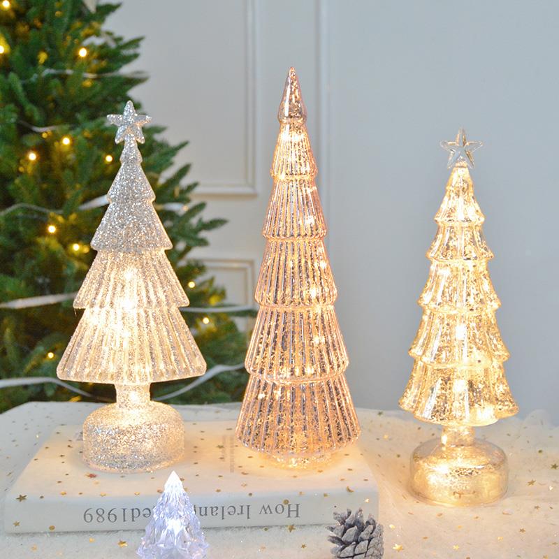 圣诞发光灯树ins复古彩绘玻璃圣诞树造型星星亮片带灯许愿树摆件