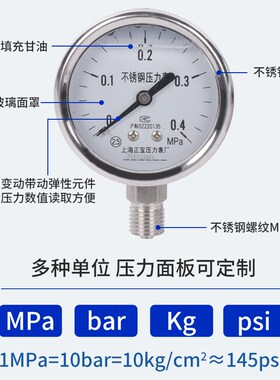 不锈钢耐震压力表 YN60BF 10barPT1/4 材质304 蒸汽 耐高温压力表