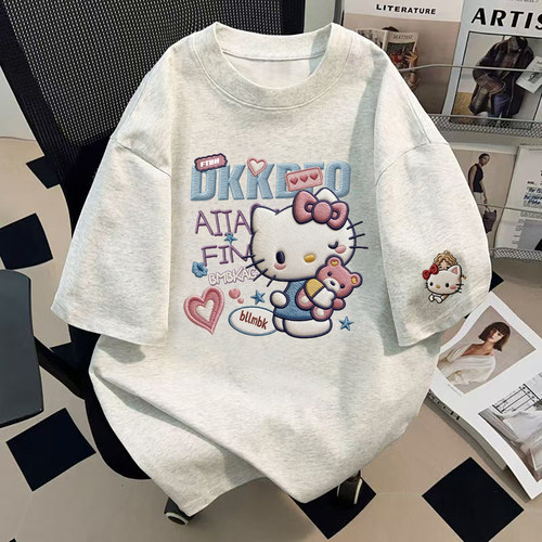 纯棉短袖t恤仿刺绣HelloKitty上衣通用学生百搭可爱风T恤夏季新款