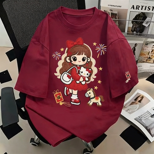 重磅纯棉国潮牌福娃迎新年印花短袖t恤夏季新款美式宽松半袖上衣