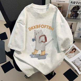 新款 纯棉短袖 t恤忧郁小猫印花上衣通用校园百搭简约休闲风T恤夏季