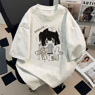 新款 纯棉短袖 t恤女印花图案上衣通用简约休闲日系忧郁宅系T恤夏季