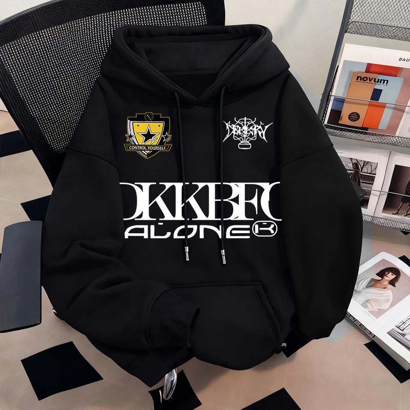 趣味时尚徽章字母印花连帽卫衣加绒加厚韩系设计感气质ins上衣潮