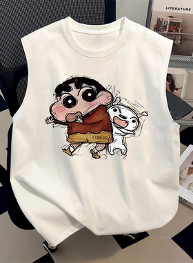 美式纯棉可爱小新百搭T恤夏季潮牌ins情侣装白色凉感背心无袖上衣