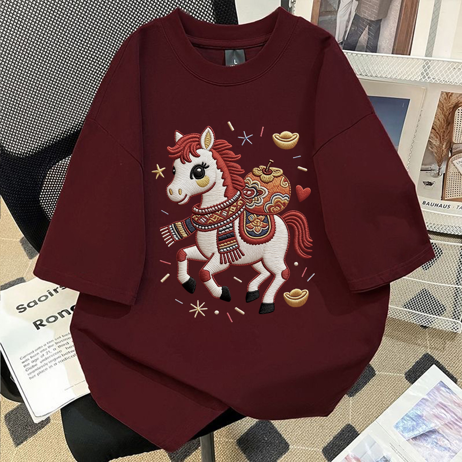 小众设计感小马橘子仿刺绣圆领纯棉短袖男女款慵懒风休闲百搭上衣图片