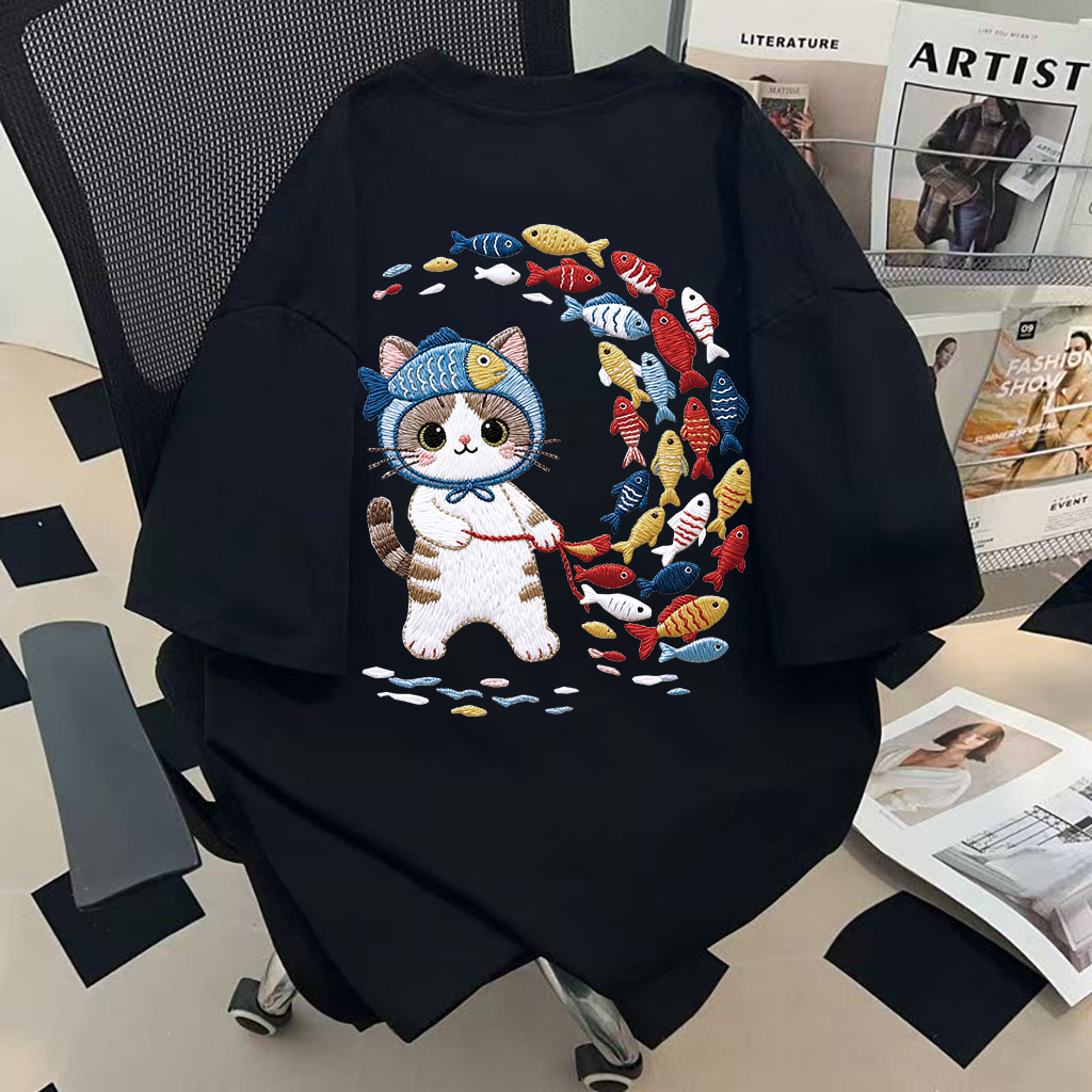 纯棉美式彩色小鱼与猫咪印花短袖t恤女夏新款宽松学院风百搭上衣