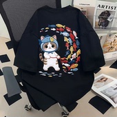 宽松学院风百搭上衣 t恤女夏新款 纯棉美式 彩色小鱼与猫咪印花短袖