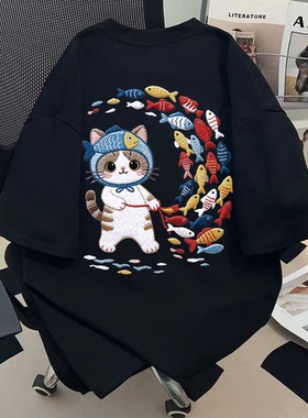 纯棉美式彩色小鱼与猫咪印花短袖t恤女夏新款宽松学院风百搭上衣