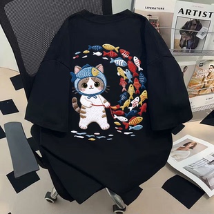 纯棉美式彩色小鱼与猫咪印花短袖t恤女夏新款宽松学院风百搭上衣