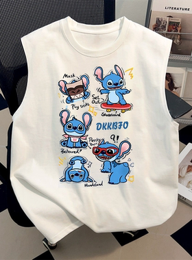 潮牌夏季凉感T恤纯棉白色背心美式时尚卡通史迪仔印花无袖上衣ins