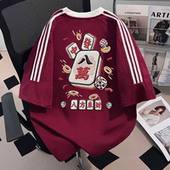 复古宽松半袖 纯棉三条杠短袖 上衣ins 八方来财夏季 美式 t恤新款 爆款