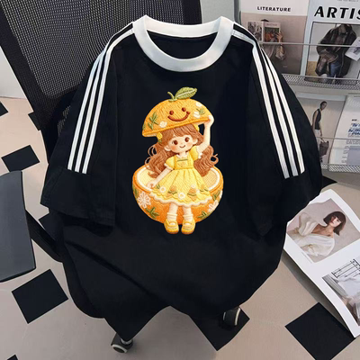 三条杠纯棉黑色短袖t恤女新款爆款仿刺绣橘萌少女印花设计感上衣