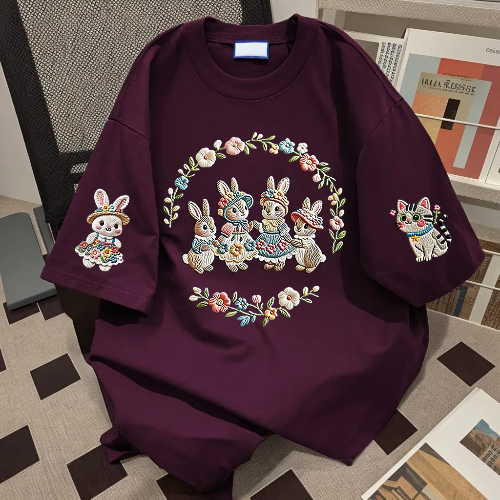 FTBHFIN韩系甜美仿刺绣兔子纯棉短袖t恤女夏季别致学院风宽松上衣