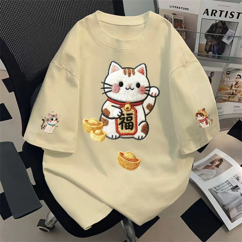 纯棉短袖t恤新款爆款仿刺绣招财猫咪夏季宽松设计感小众半袖上衣